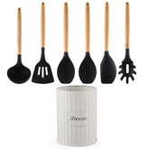 Jogo 6 Talheres De Silicone Com Cabos Em Bambu 1 Lata Branca Porta Utensílios De Cozinha Yoi